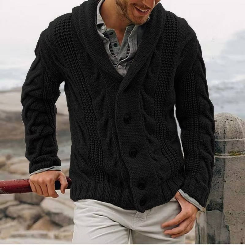 Men's gray cable knit cardigan sweater button-front acrylic-wool blend for office and casual wear