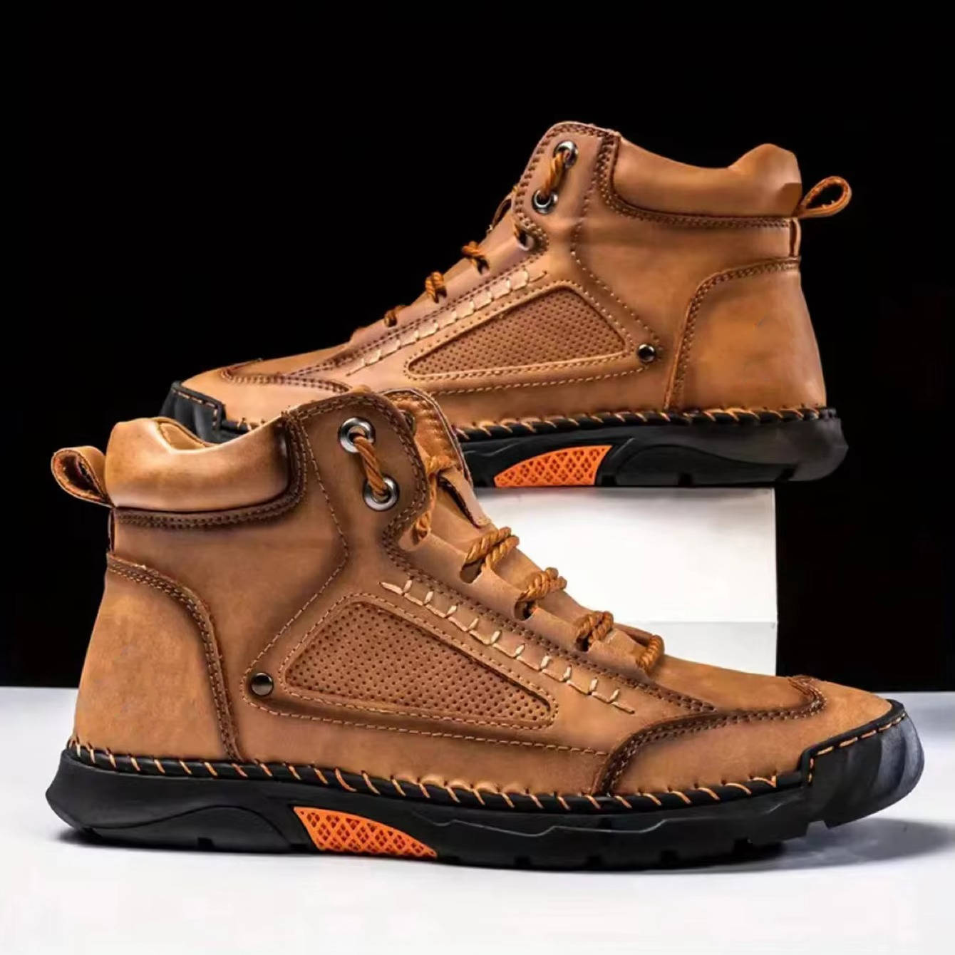 Men's brown waterproof leather hiking boots with comfort support, rugged sole, and all-day comfort design