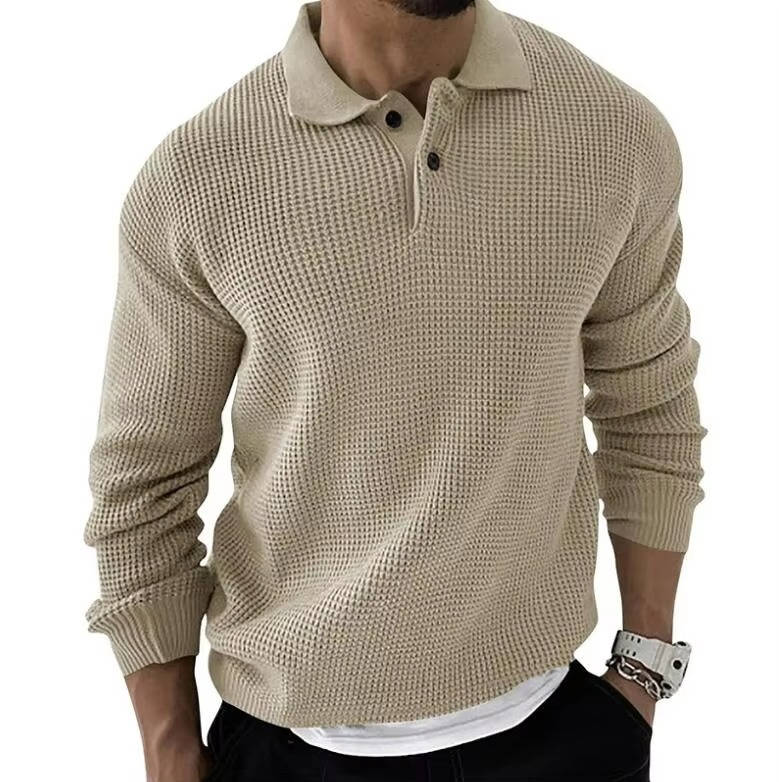 Men's beige waffle knit long sleeve sweater with cozy textured fabric for casual everyday wear
