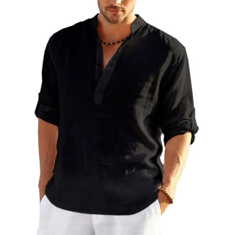 Men's white linen Henley shirt rolled sleeves lightweight breathable casual summer fit