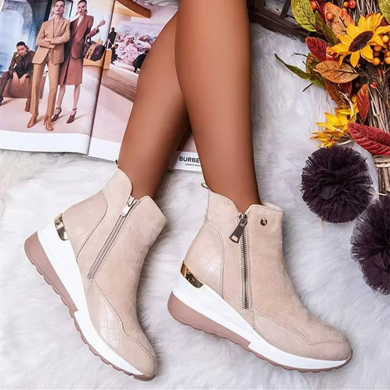 Women's black wedge sneaker boots with side zip closure and chunky sole for street-style comfort