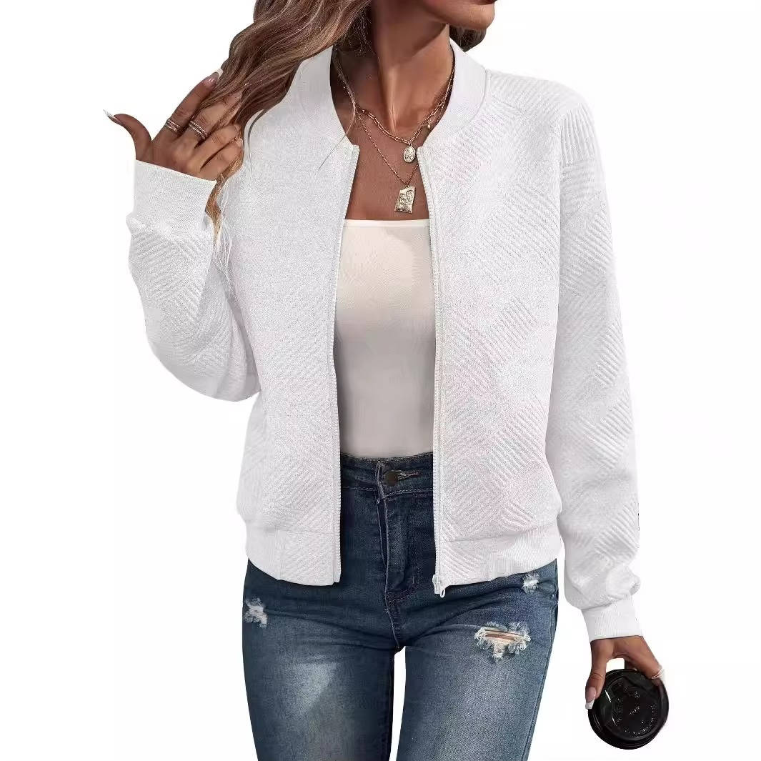 Women's lightweight zip-up bomber jacket in solid color, relaxed fit with ribbed cuffs and hem