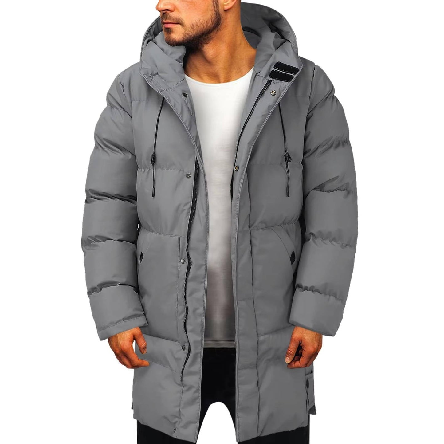 Men's black hooded puffer parka with windproof insulation and slim cold-weather fit