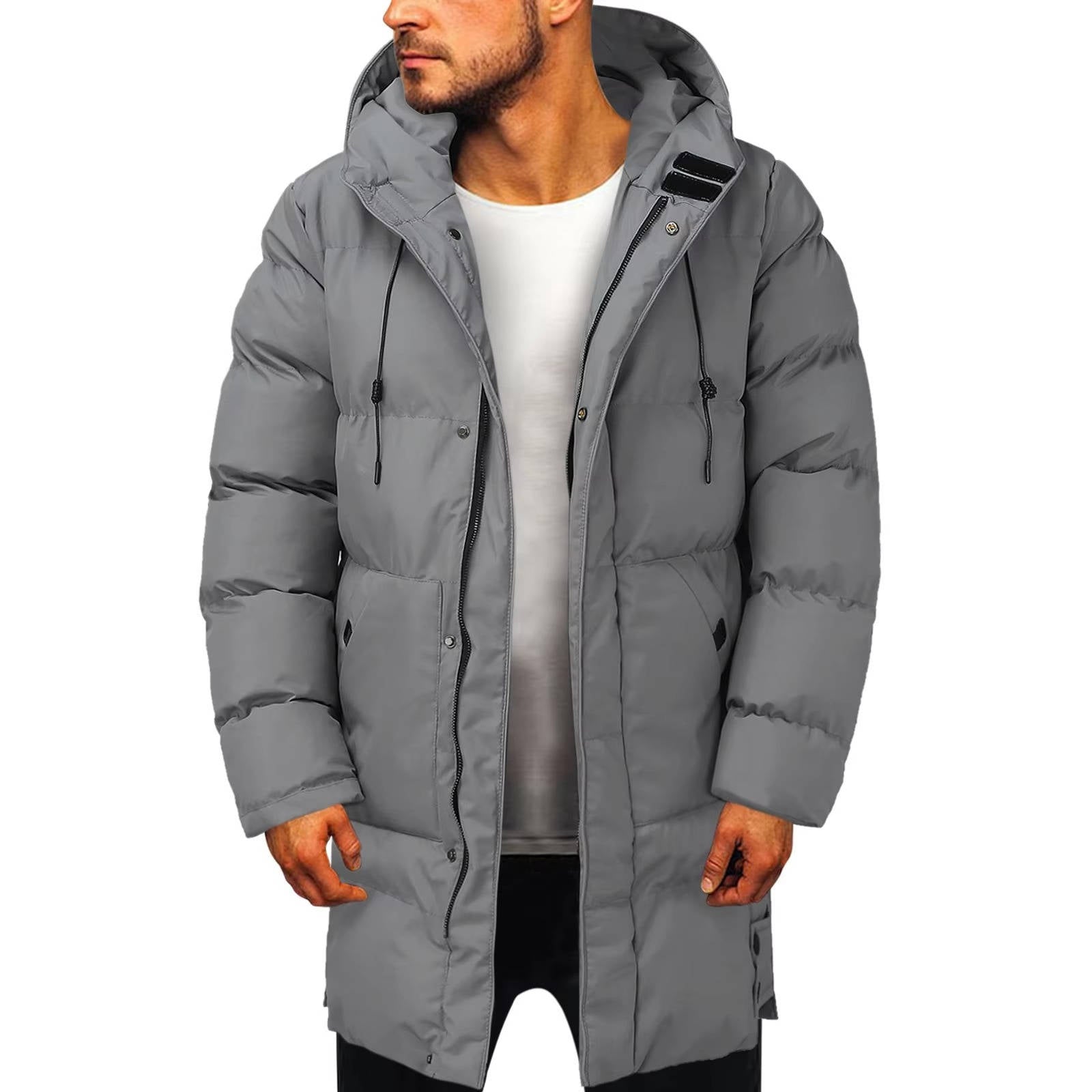 Men's black hooded puffer parka with windproof insulation and slim cold-weather fit