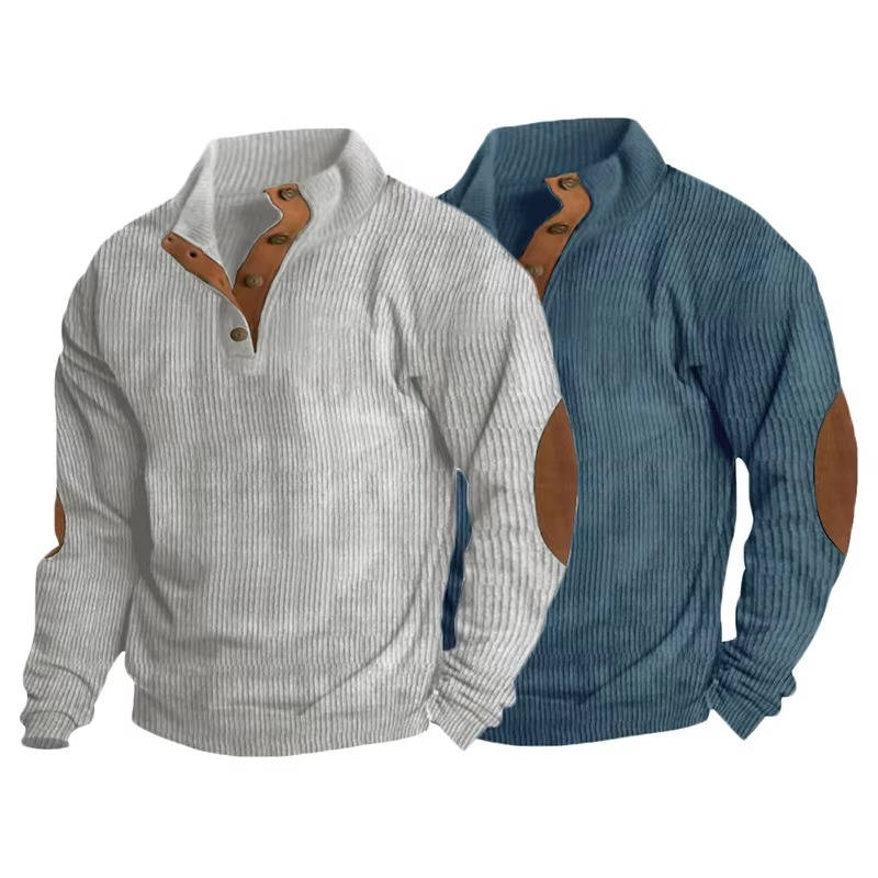 Mens Button Neck Pullover Sweater With Elbow Patches Casual Classic Knit Warm Everyday Wear