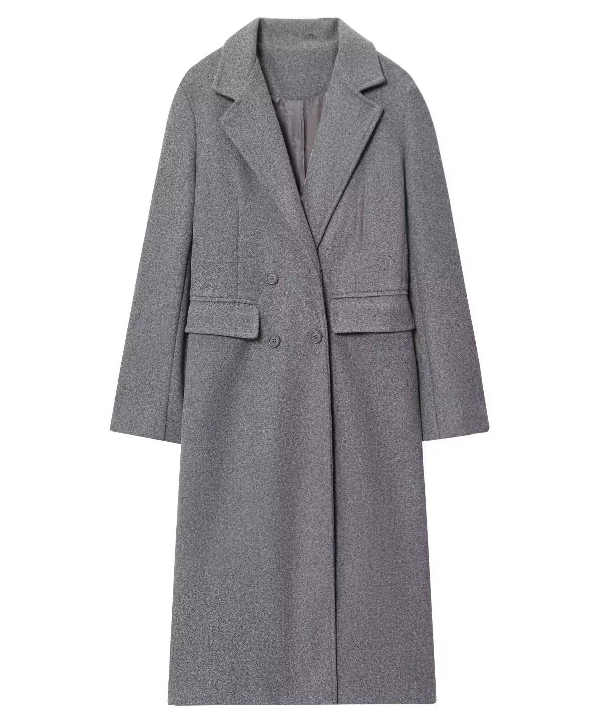 Women's long double-breasted overcoat knee-length silhouette in classic tailored style with warm lining