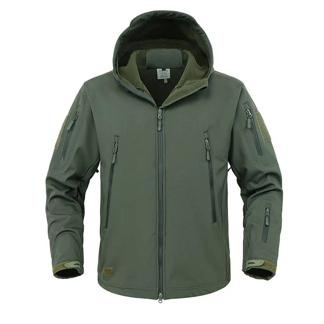 Men's dark tactical softshell hooded jacket windproof water-resistant with multi zip pockets