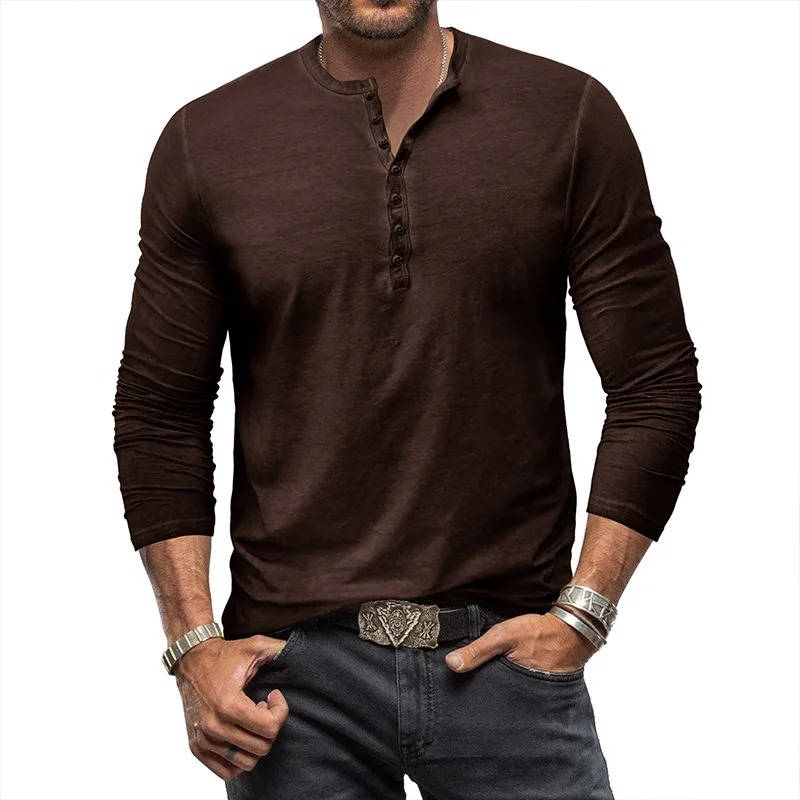 Men's white cotton long sleeve Henley shirt with stretch fit and classic button placket neckline