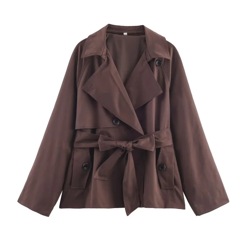 Women's short beige double-breasted trench coat with belt, British-inspired tailored silhouette