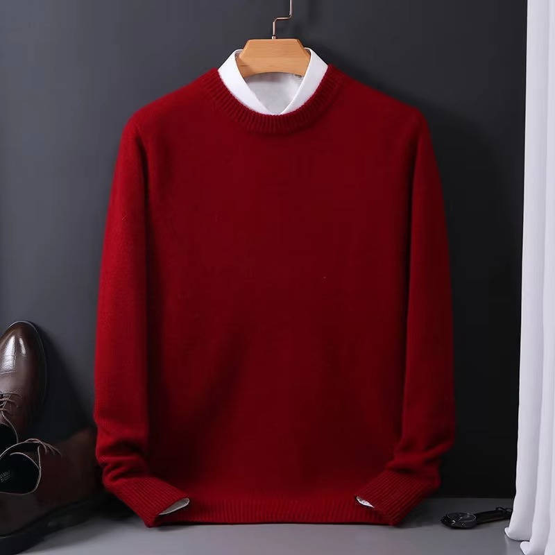 Men's light blue crew neck knit pullover sweater with mock collar detail, cozy wool blend fabric