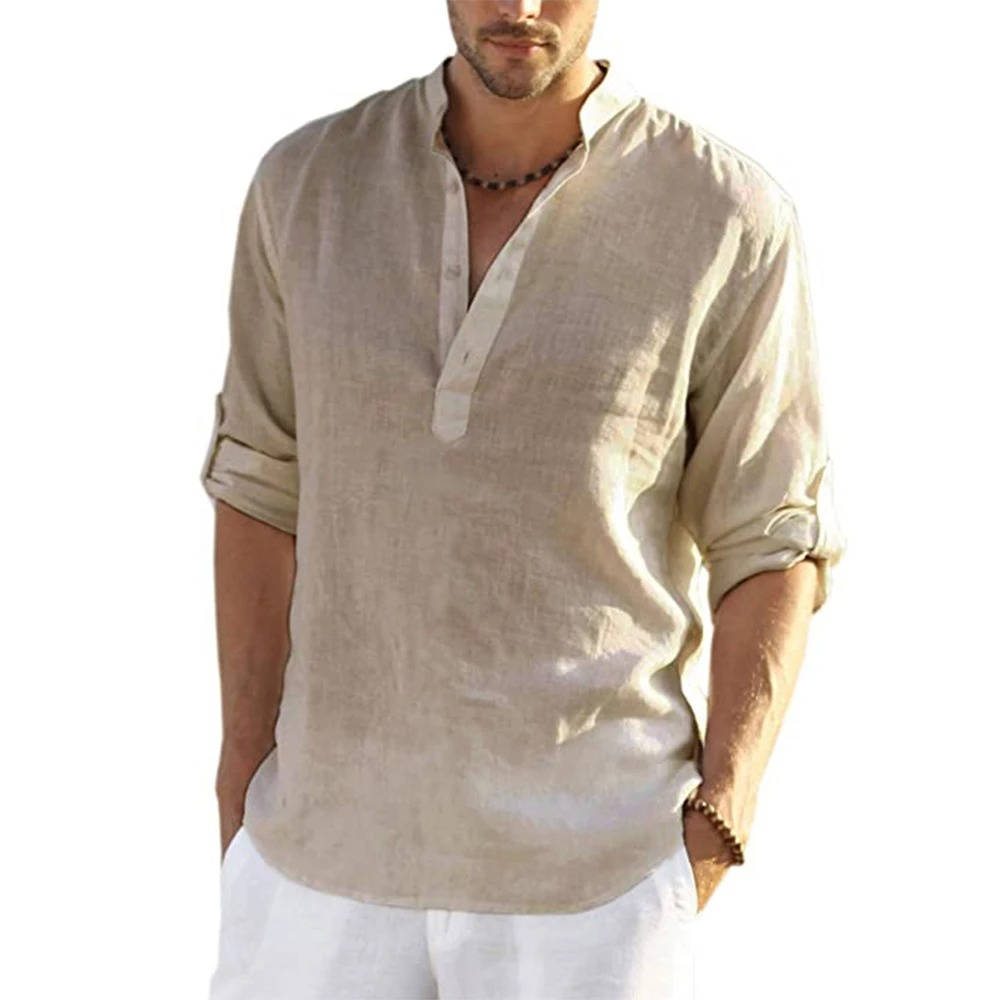 Men's casual long sleeve henley shirt relaxed fit breathable cotton-linen blend everyday style