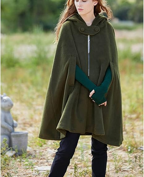 Women's hooded wool cape loose fit draped open front warm layering neutral tones elegant silhouette