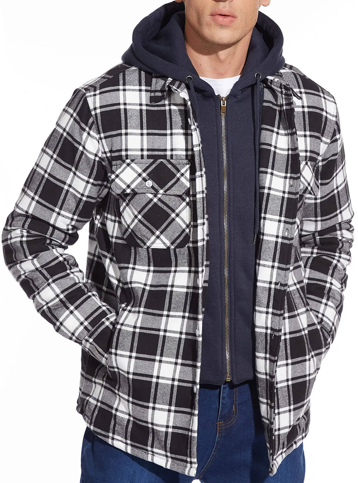Men's plaid bomber jacket with hood, zip-button front closure, warm lining, relaxed everyday fit