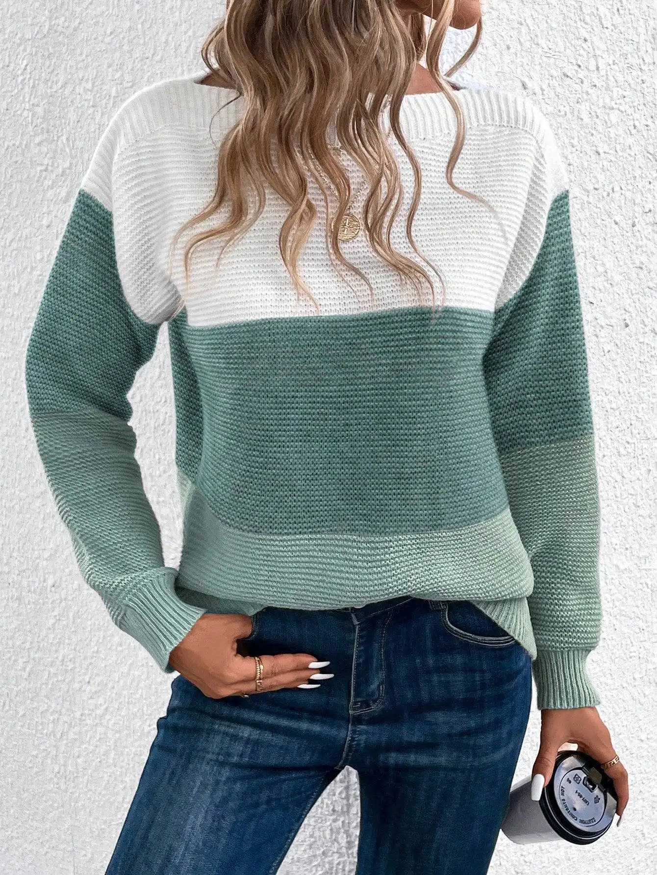 Women's loose knit sweater three-color block design cozy chic office-ready versatile everyday style