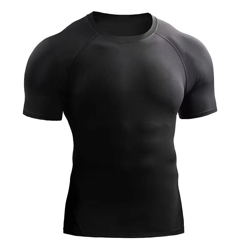 Men's black short sleeve supportive shirt with moisture-wicking fabric and muscle-support fit for training