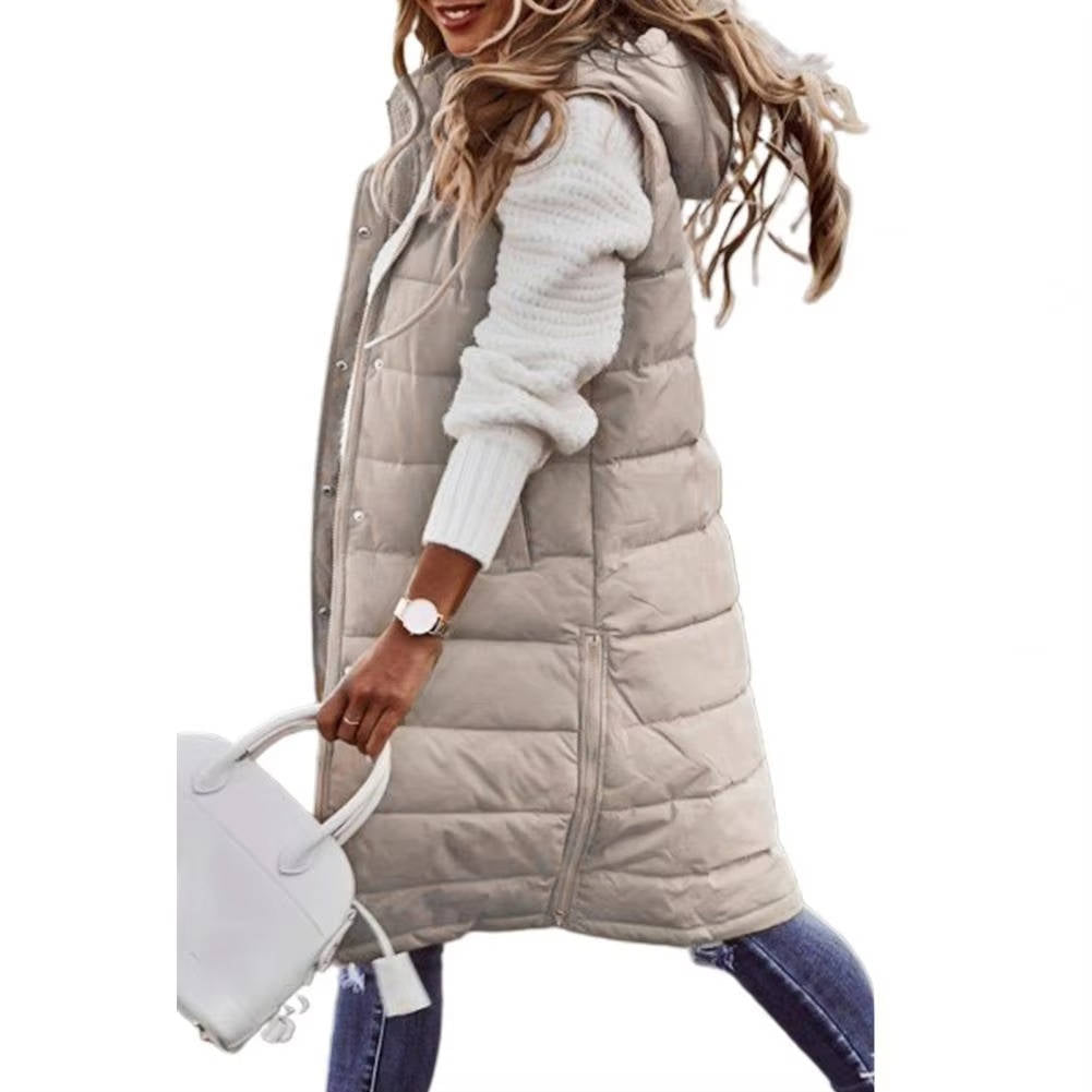 Long black hooded sleeveless puffer vest, knee-length quilted design for women