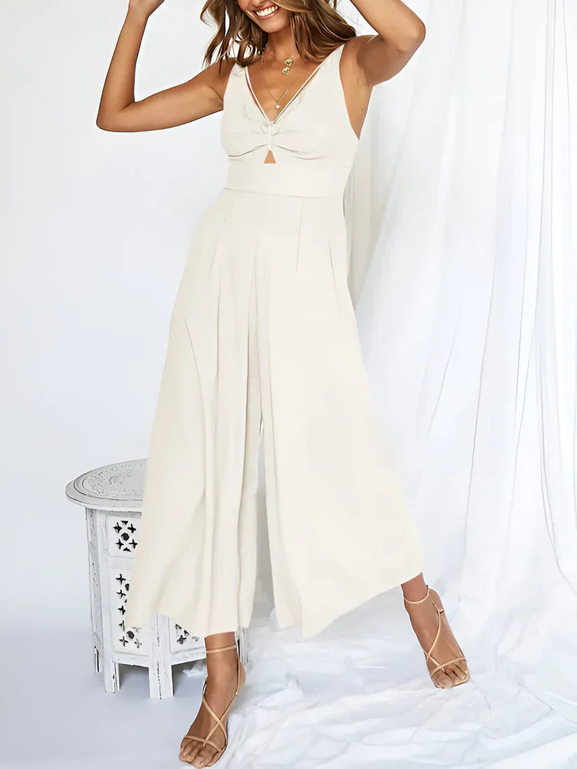 Navy blue sleeveless wide-leg jumpsuit with V-neck and high waist for women