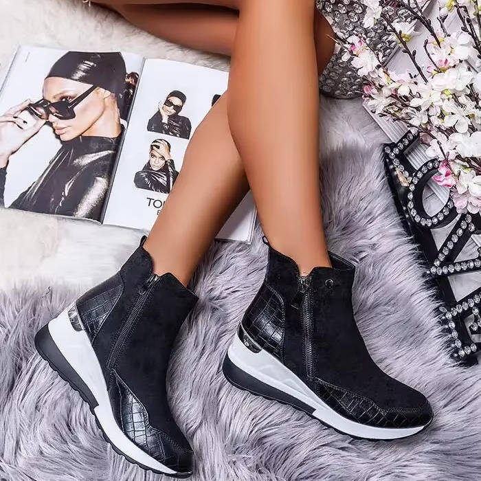 Women's black wedge sneaker boots with side zip closure and chunky platform sole