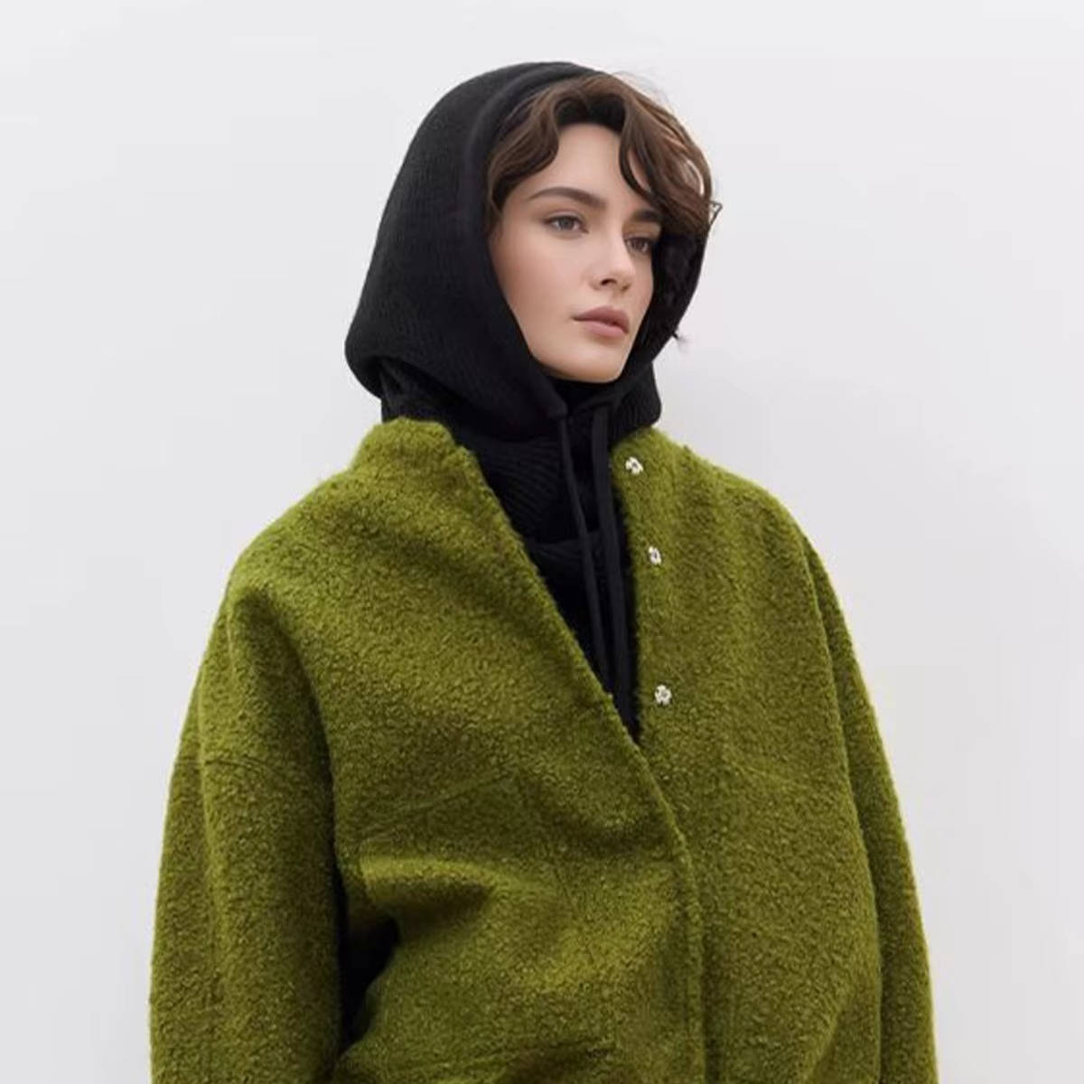 Beige Knit Hooded Hat Scarf for Winter Warmth With Cozy Neck Coverage and Drawstring Tie