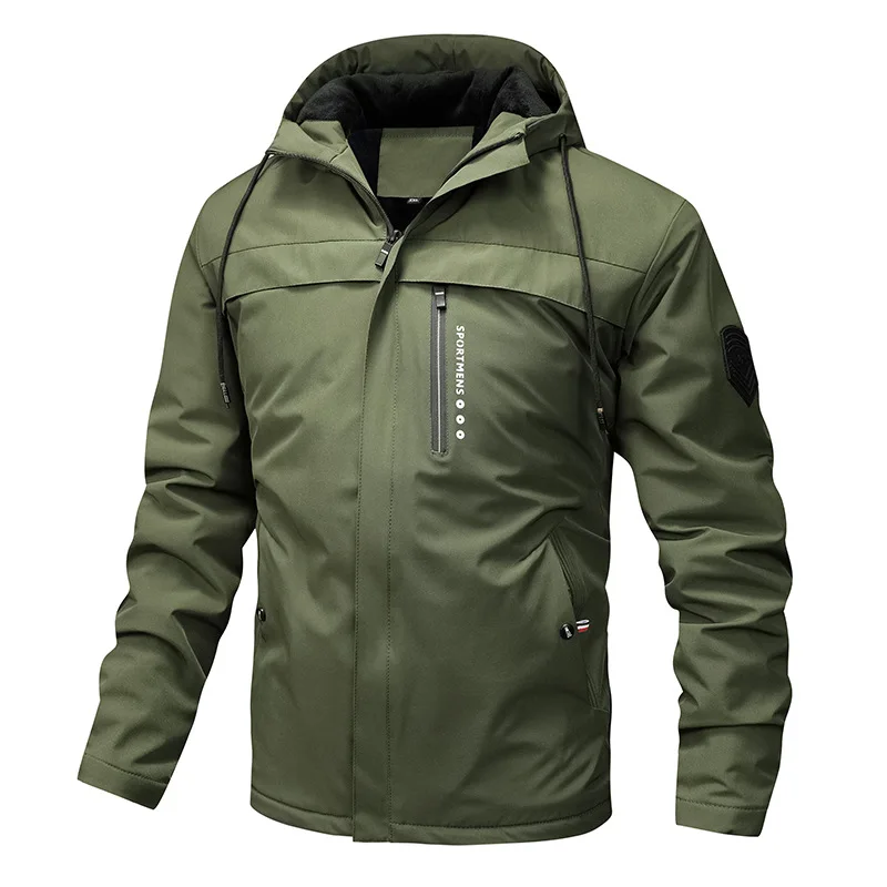 Men's regular fit windproof jacket with fleece-lined hood, water-resistant layering piece for outdoor wear