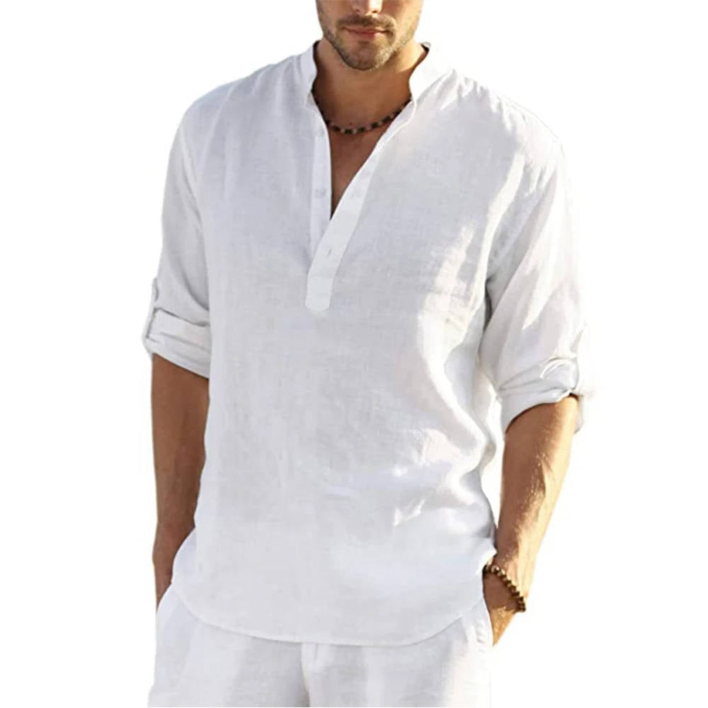Men's casual long sleeve Henley shirt relaxed fit breathable cotton-linen blend everyday style