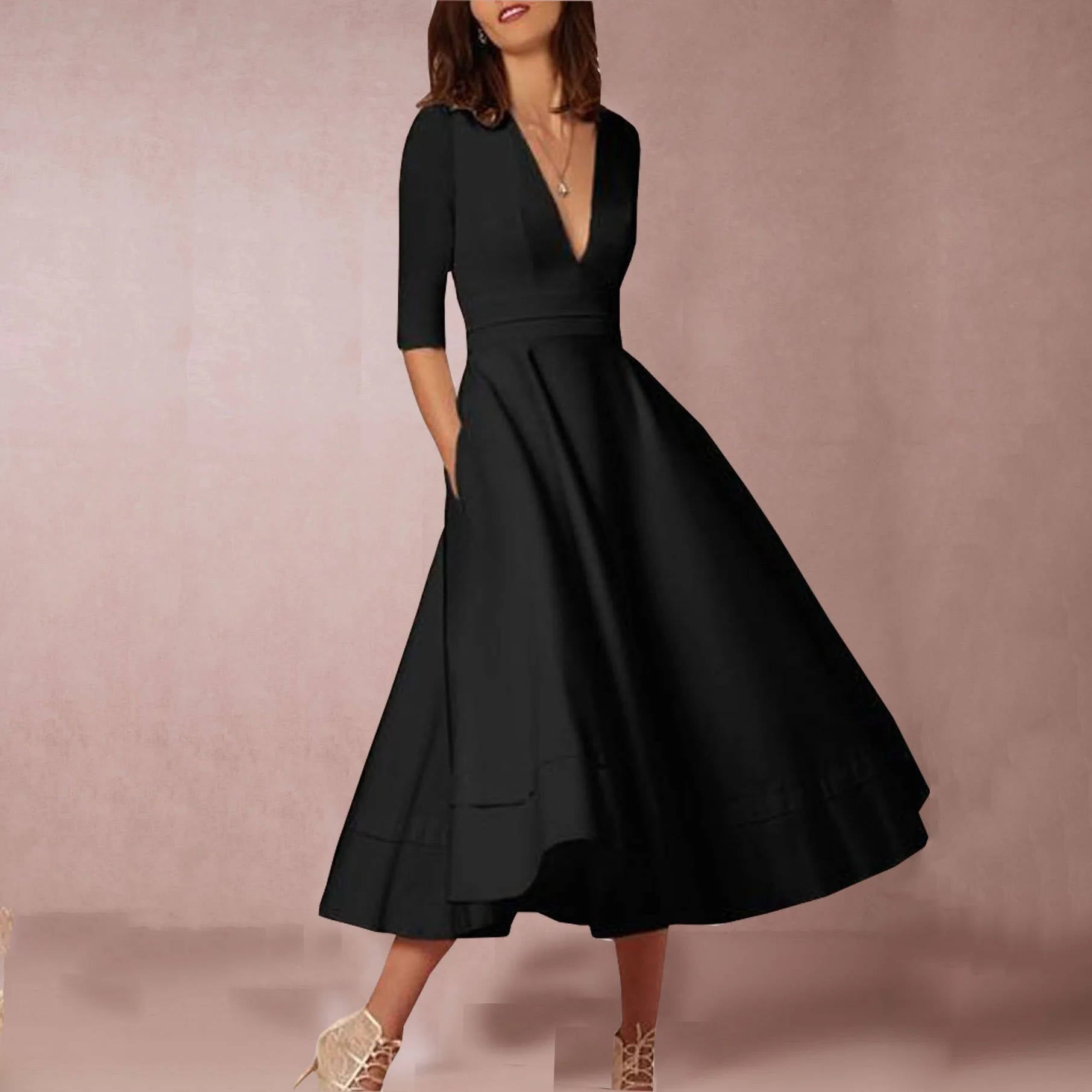 Elegant deep V-neck midi dress in solid color, form-fitting silhouette with plunging neckline for special occasions
