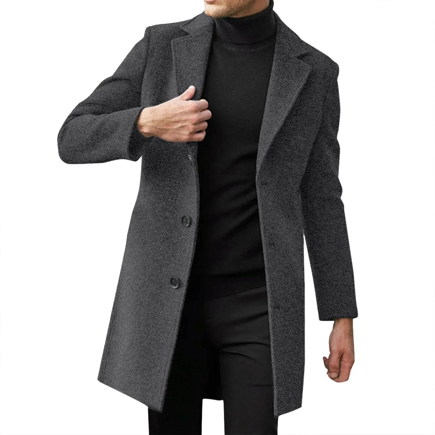 Men's slim fit longline wool overcoat in classic dark tone with notched lapel for business formal wear