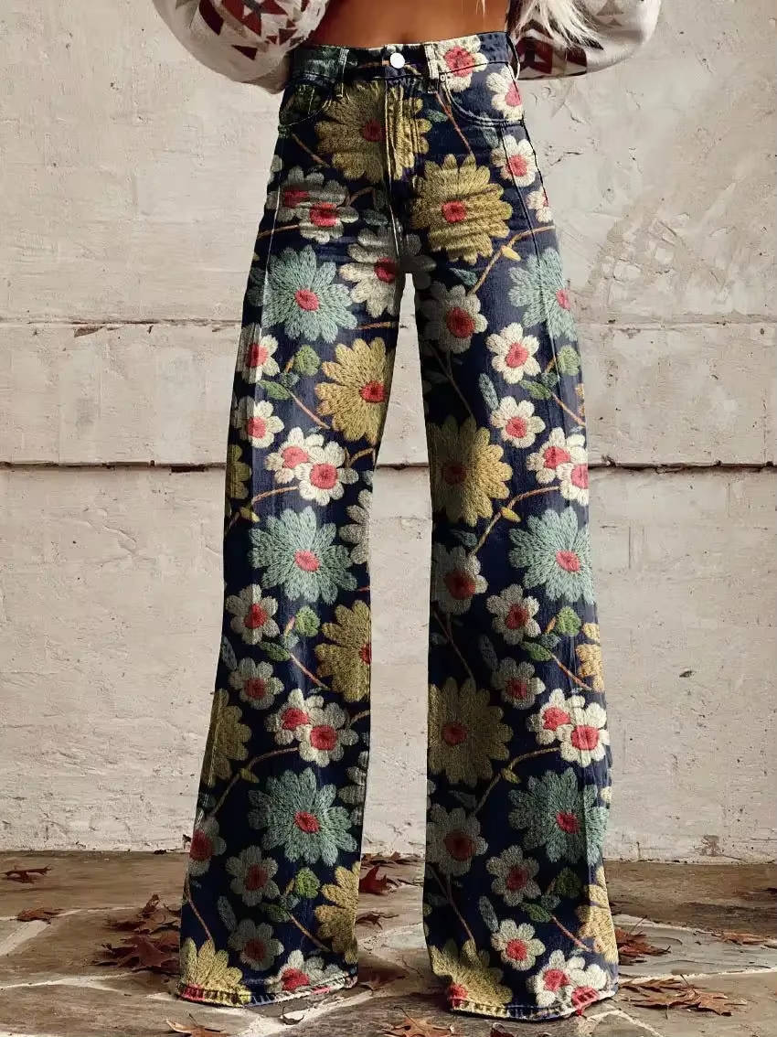Women's high-waisted floral pants vintage-inspired wide-leg silhouette bold colorful retro print