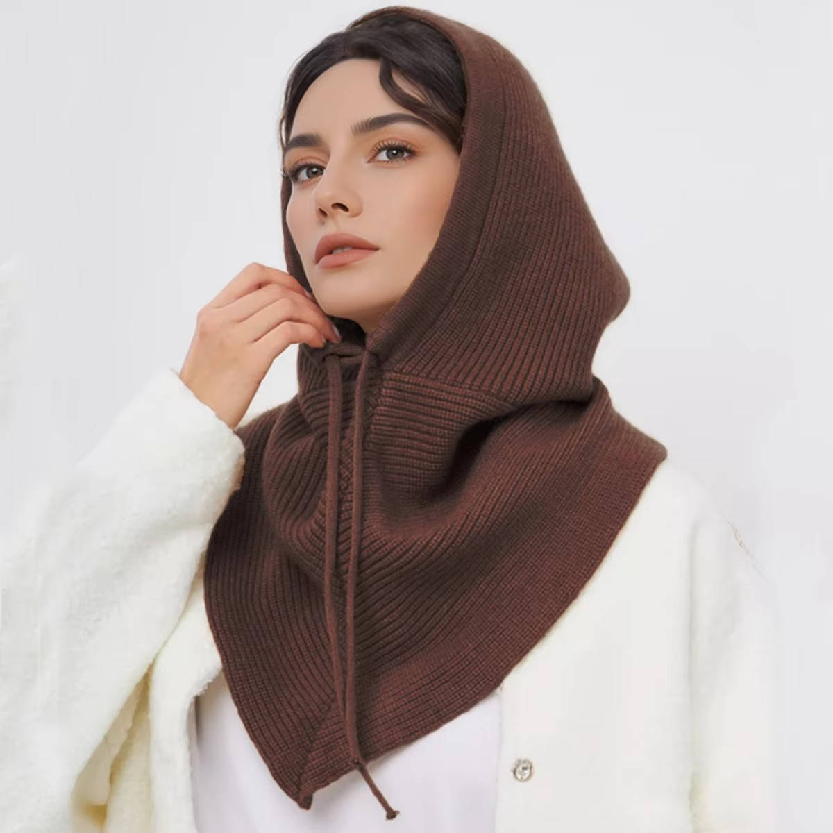 Beige Knit Hooded Hat Scarf for Winter Warmth With Cozy Neck Coverage and Drawstring Tie