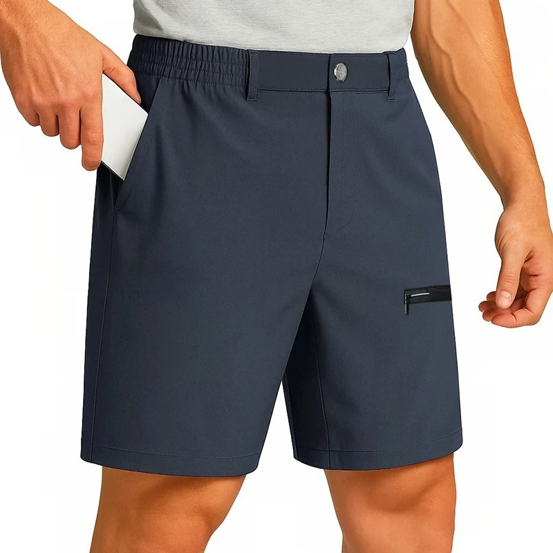 Wavlynn ice silk men's cargo shorts navy blue breathable zipper pocket summer office style