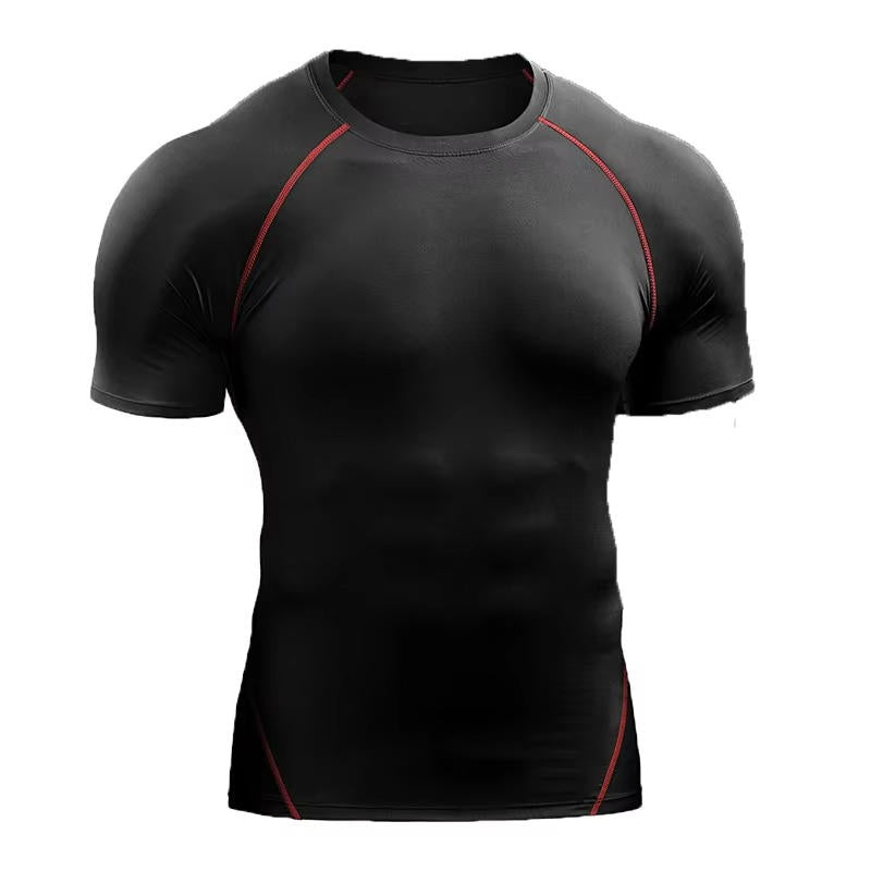 Men's black short sleeve supportive shirt with moisture-wicking fabric for high-intensity training workouts