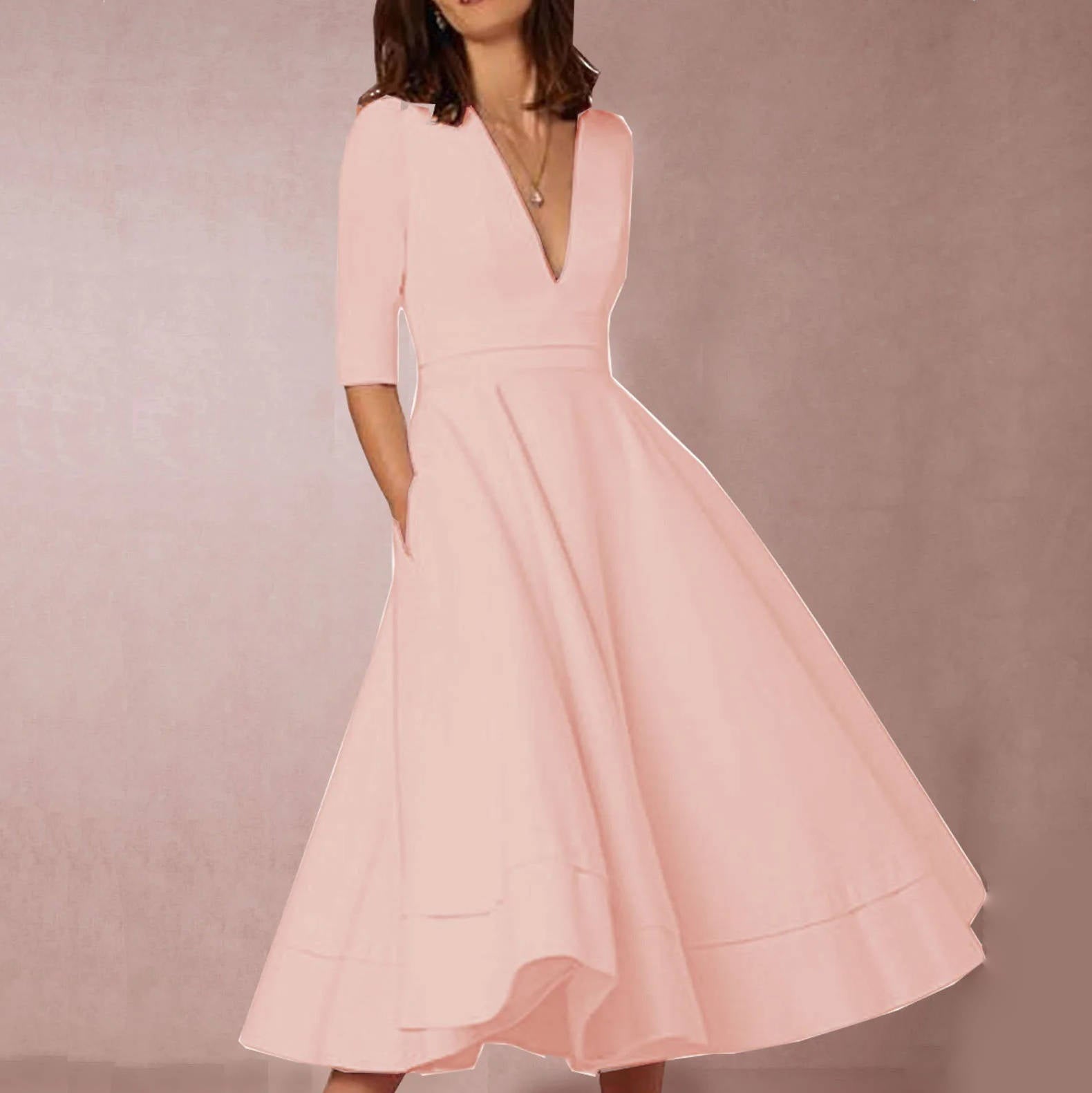 Elegant deep V-neck midi dress in solid color, sleek fitted silhouette perfect for special occasions