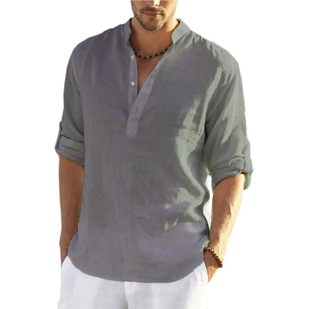 Men's casual long sleeve Henley shirt in relaxed fit, breathable cotton-linen blend for everyday wear