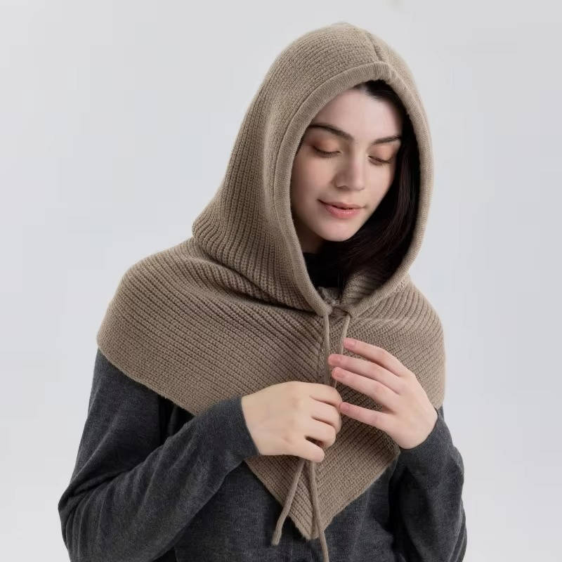 Beige Knit Hooded Hat Scarf for Winter Warmth With Cozy Neck Coverage and Drawstring Tie