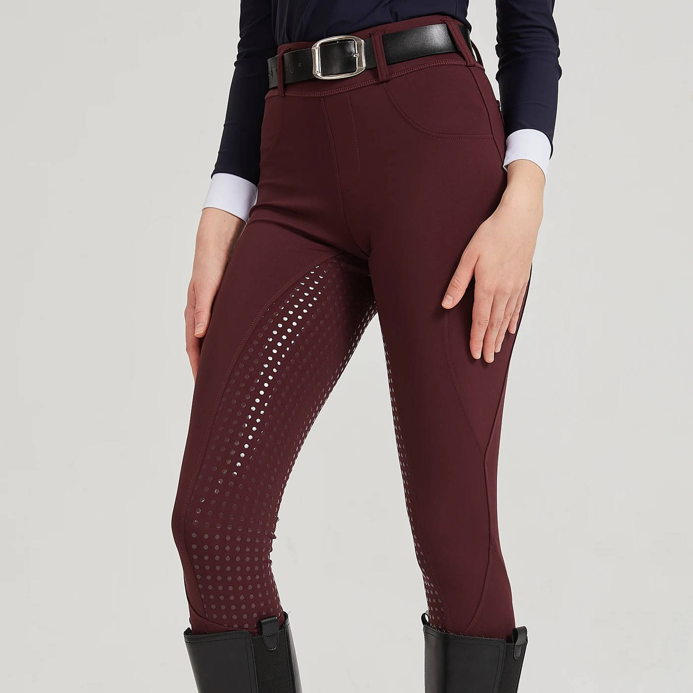 Women's equestrian riding pants beige slim silhouette with full silicone anti-slip saddle grip coverage