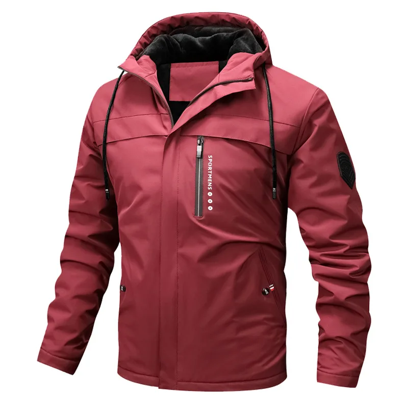 Men's regular fit windproof jacket with fleece-lined hood, water-resistant shell for outdoor wear