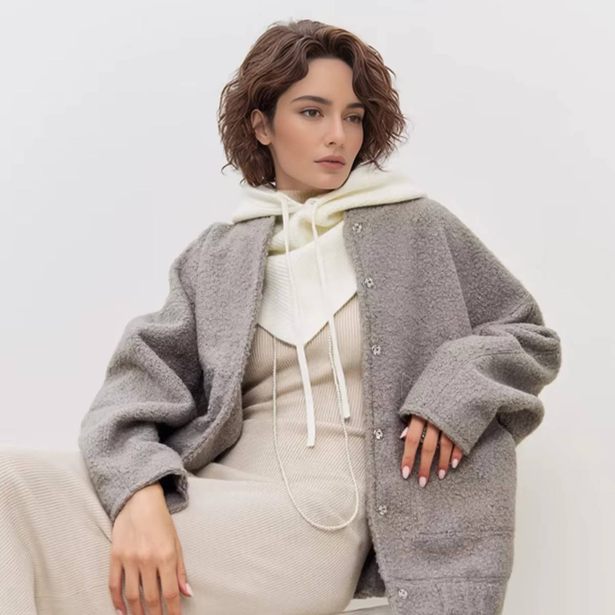 Beige Knit Hooded Hat Scarf for Winter Warmth With Cozy Neck Coverage and Drawstring Tie