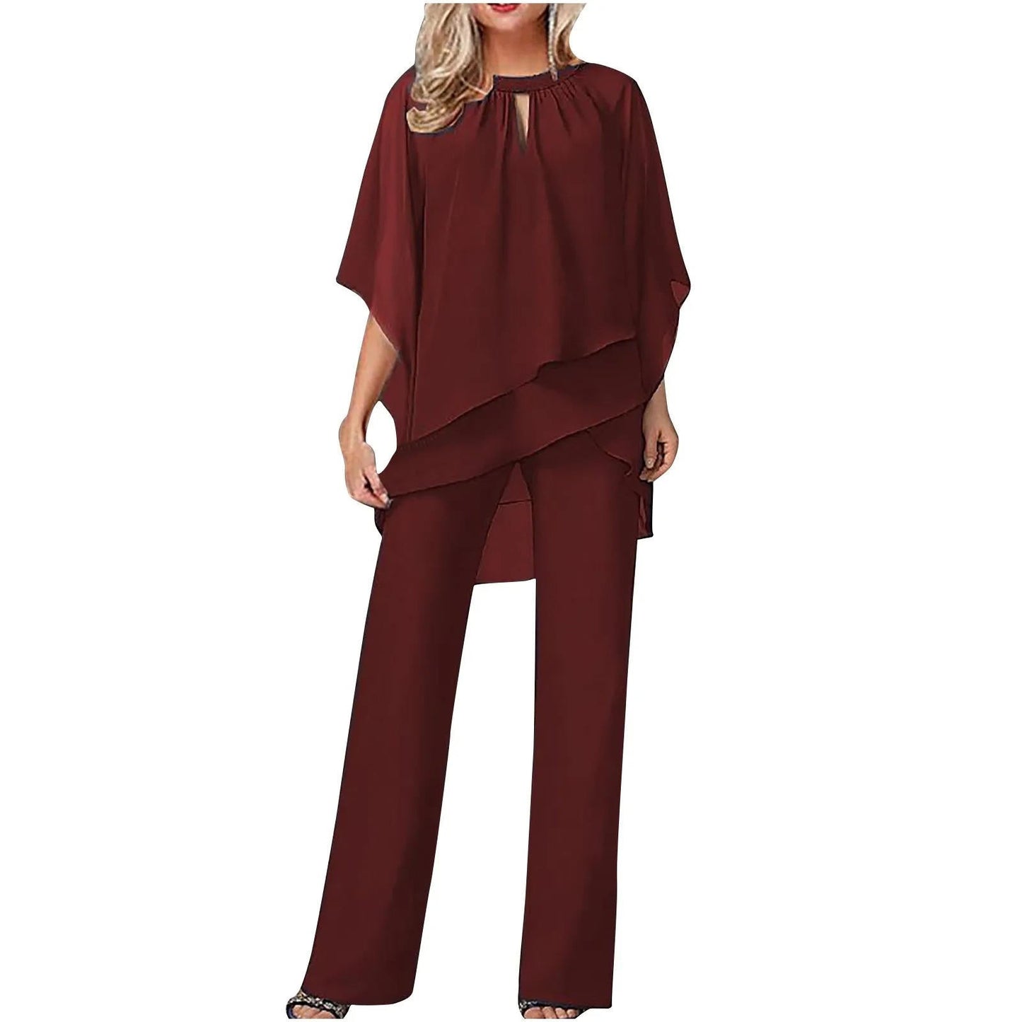 Women's black chiffon overlay batwing sleeve wide leg pantsuit with flowing silhouette