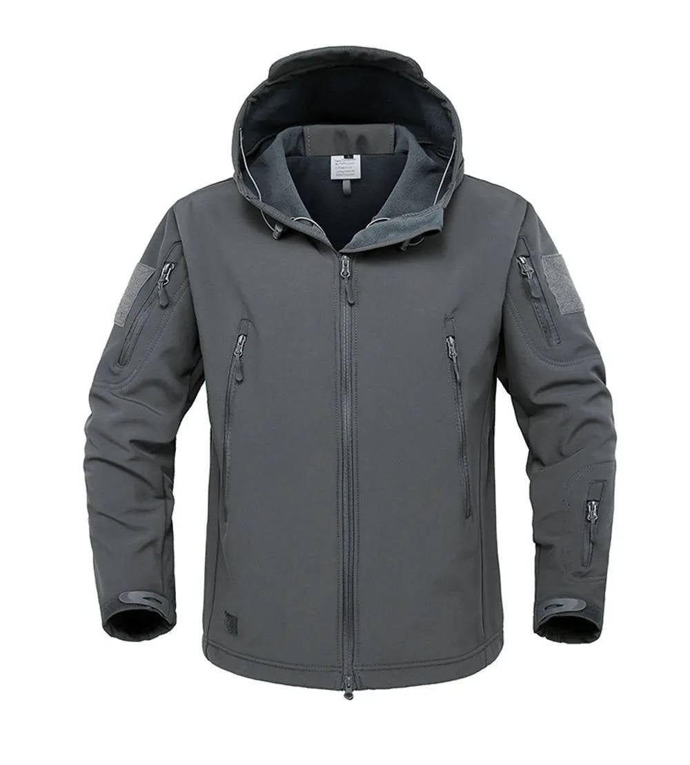 Men's black tactical softshell hooded jacket windproof water-resistant with multi zip pockets