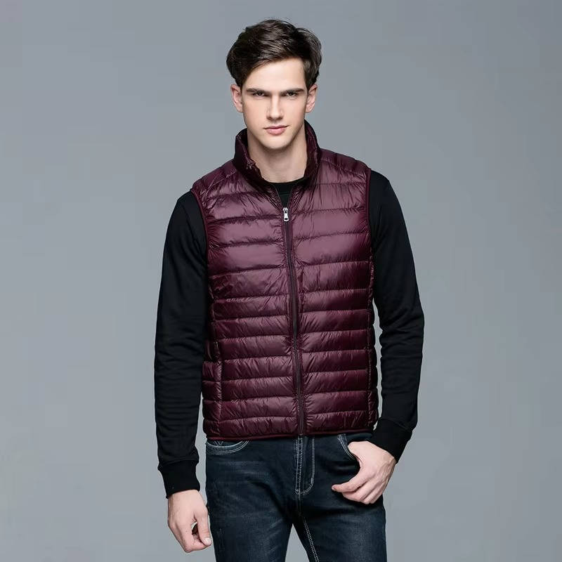Men's lightweight navy packable down vest slim fit insulated sleeveless outerwear for travel