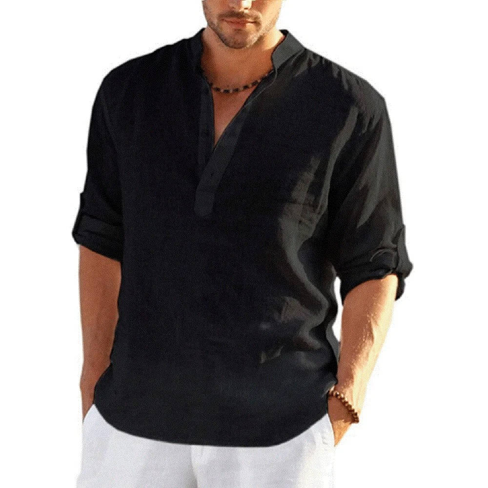 Men's casual long sleeve henley shirt relaxed fit breathable cotton-linen blend everyday style