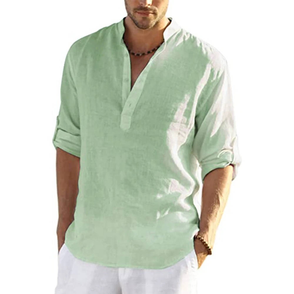 Men's casual long sleeve henley shirt relaxed fit breathable cotton-linen blend everyday style