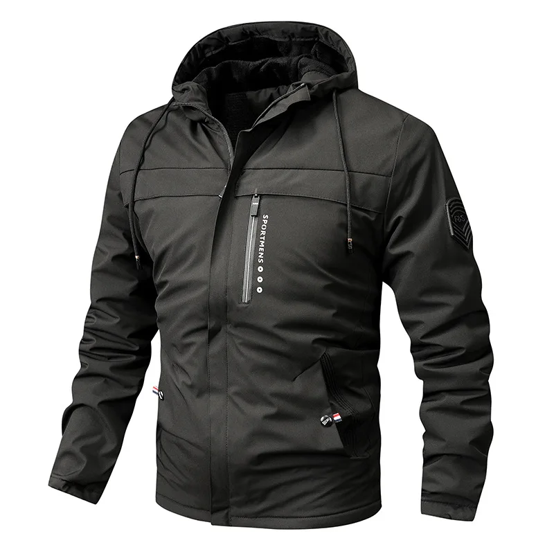 Men's regular fit windproof jacket with fleece-lined hood, water-resistant outerwear for outdoor use