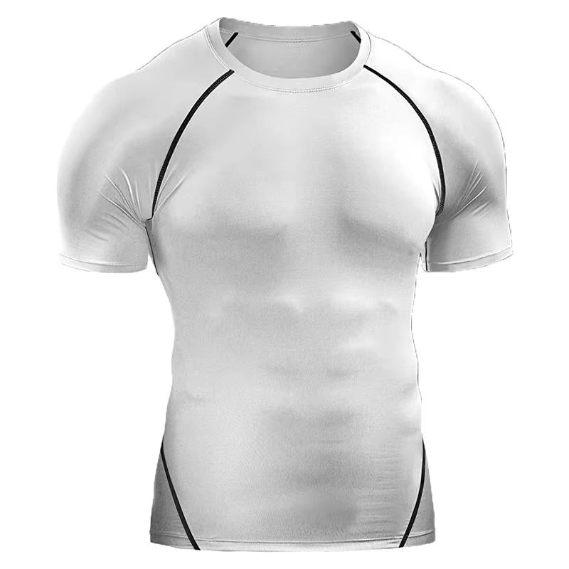 Men's black short sleeve supportive shirt with moisture-wicking fabric and muscle-support fit for training