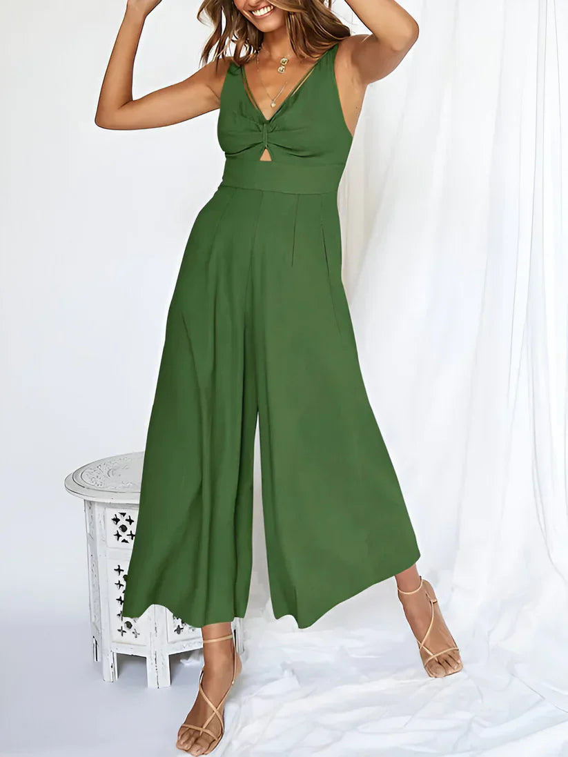 Navy blue sleeveless wide-leg jumpsuit with V-neck and high waist, lightweight women's one-piece
