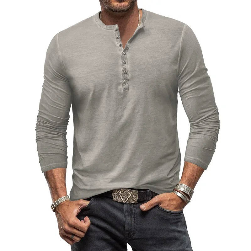 Men's navy blue cotton Henley shirt long sleeve stretch fit with button placket neckline