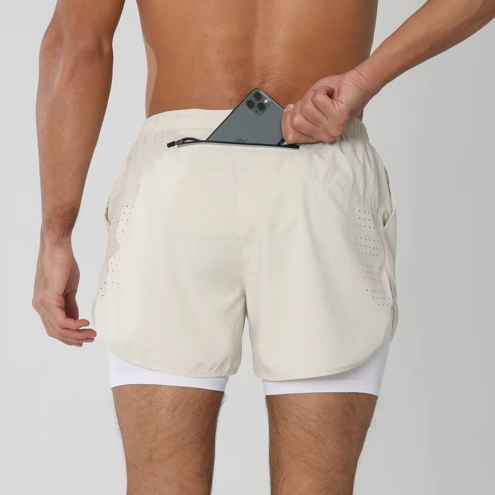 Men's dual-layer gym shorts with phone pocket, lightweight quick-dry fabric for swim run and training