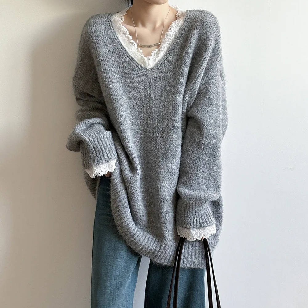 Women's soft knit V-neck sweater with delicate lace-trimmed neckline, feminine everyday style