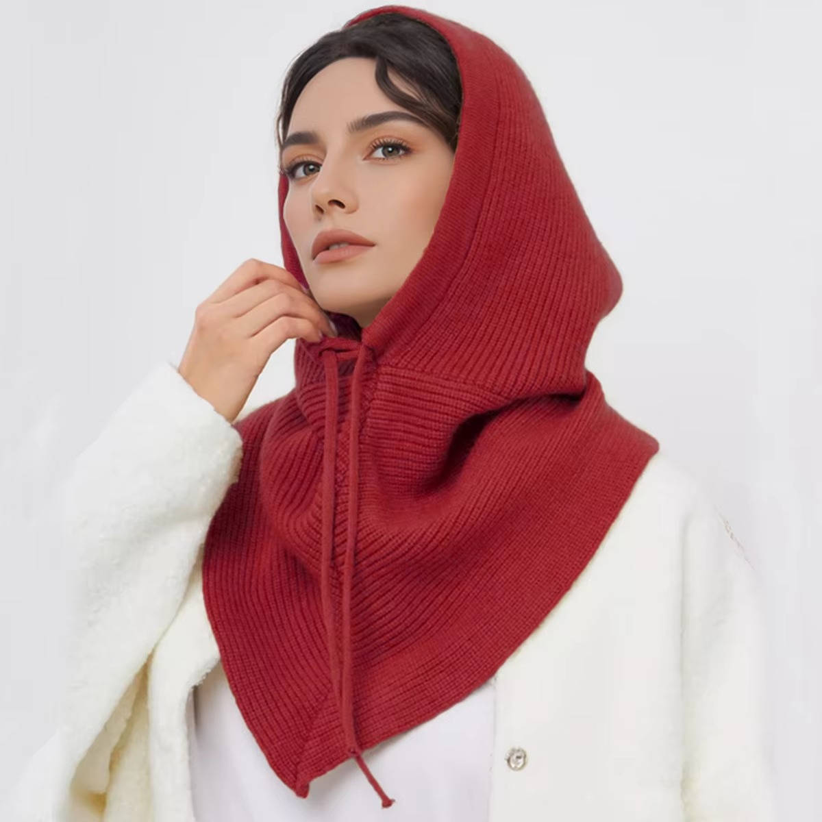 Beige Knit Hooded Hat Scarf for Winter Warmth With Cozy Neck Coverage and Drawstring Tie