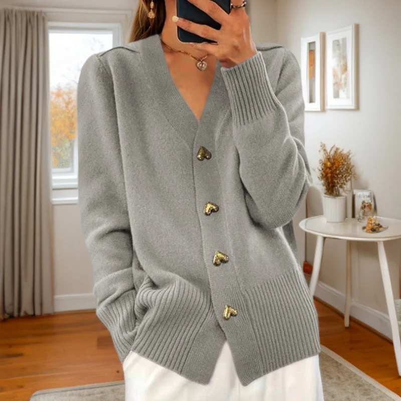 Beige wool-blend V-neck cardigan soft knit unisex sweater with heart-shaped button details
